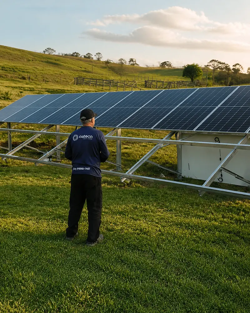 Técnico da Asteca inspecionando um sistema fotovoltaico